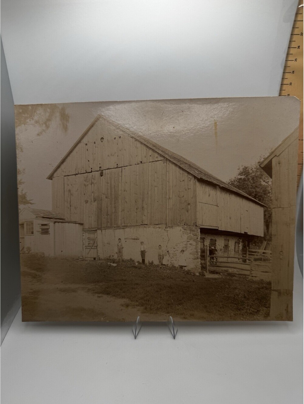 Antique Photo Of 3 Boys Standing Against A Barn  7.5x9